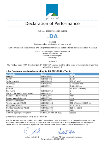 Pro Clima DA Declaration of Performance (DOP)