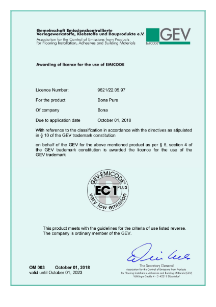 Bona Pure - EC1 PLUS - Emicode, GEV license/ certificate