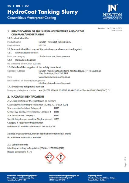 Newton HydroCoat Tanking Slurry Safety Data Sheet