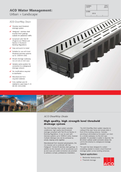 ACO DoorWay Drain brochure