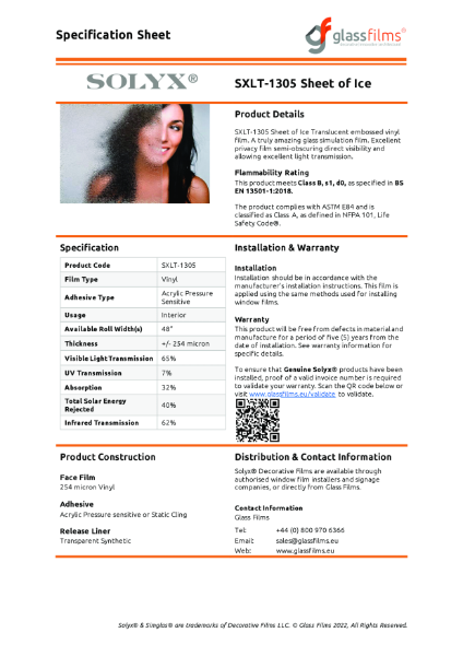 SXLT-1305 Clear Sheet of Ice Specification Sheet