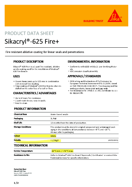 Sikacryl®-625 Fire+ - Data Sheet