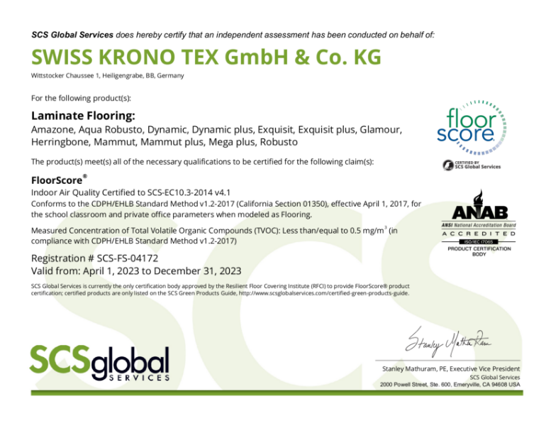 Kronotex Floorscore Certificate 2023