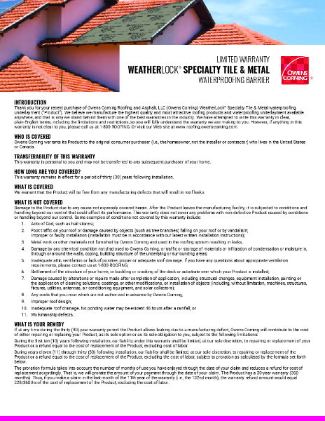 Weatherlock Specialty Tile & Metal Limited Warranty