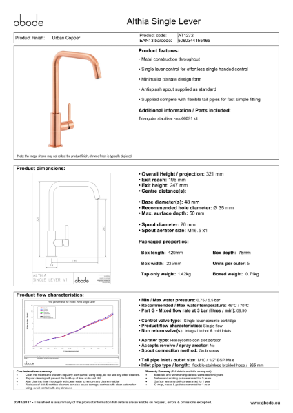 Althia Single Lever Urban Copper Consumer Specification