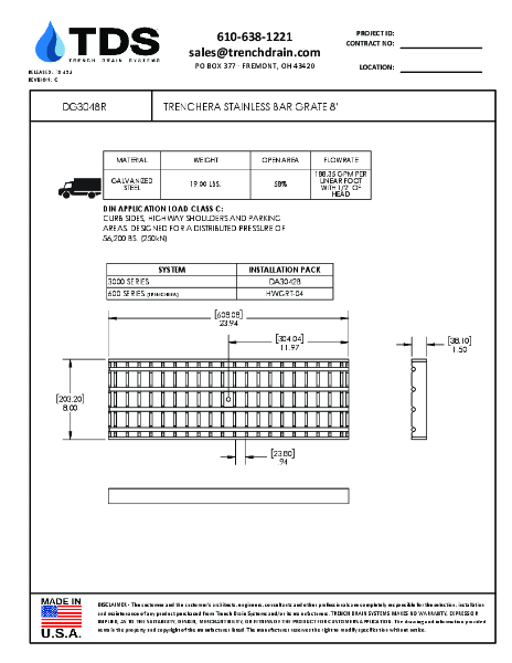 Trench•Era Galvanized Bar Grate 8.00" Class C - DG3048R