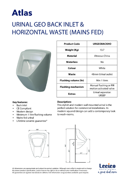 Atlas Geo Back Inlet Urinal and Horizontal Waste