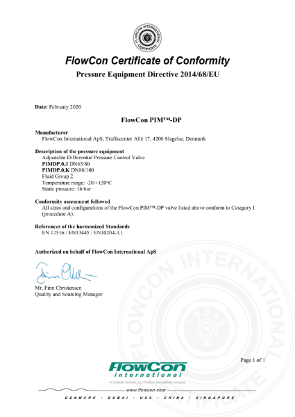 FlowCon PIM DPCV PED Certificate