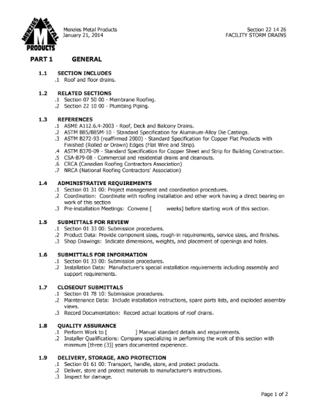 PRODUCT SPECIFICATIONS - COMMERCIAL SPUN COPPER DRAIN - TPO