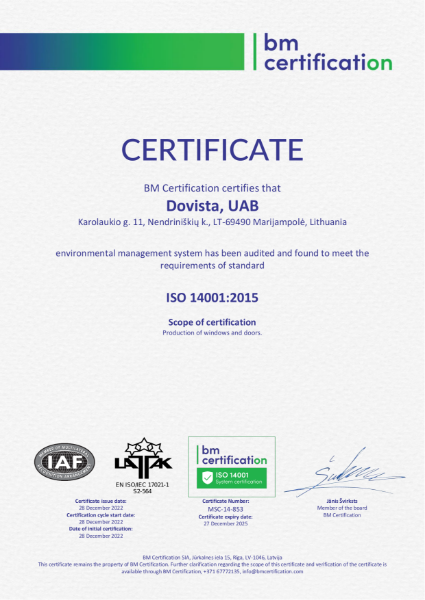 ISO 14001 environmental management DOVISTA, UAB