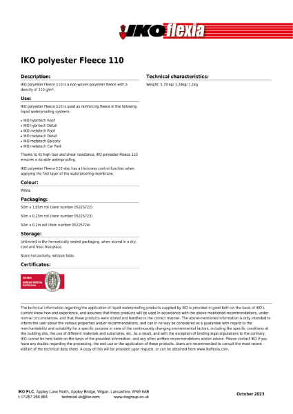 Technical Data Sheet (TDS) - IKO Polyester Fleece 110