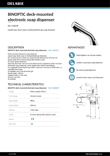 BINOPTIC deck-mounted electronic soap dispenser - Chrome, Product Data Sheet