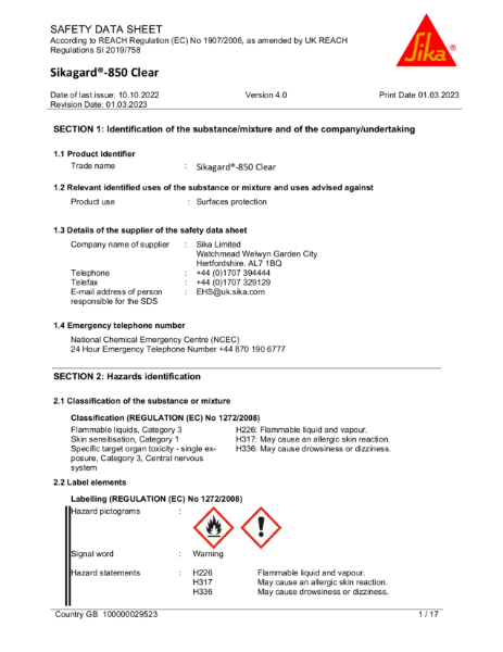 Sikagard 850 Clear safety datasheet