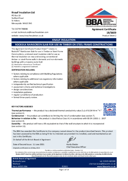 Rocksilk® Rainscreen Slab Behind Masonry - BBA Certificate 195609i1