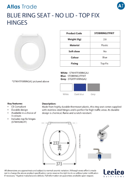 Atlas Trade Blue Ring Seat - No Lid - Top Fix Hinges Data Sheet