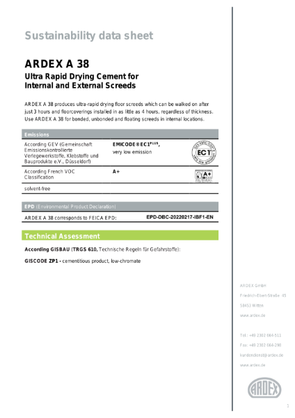 ARDEX A 38 Sustainability Data Sheet