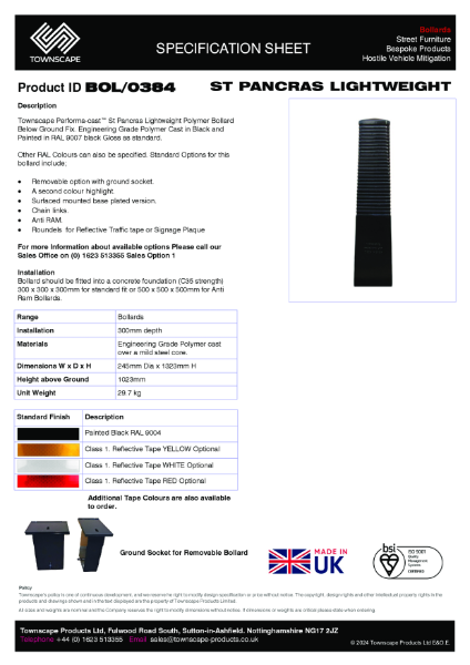 Townscape St Pancras Lightweight Polymer Bollard Specification Sheet BOL0384