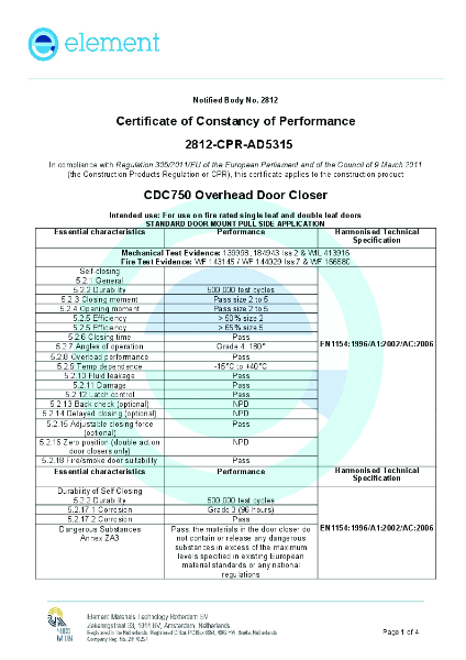 Certificate of Constancy of Performance (CDC750)