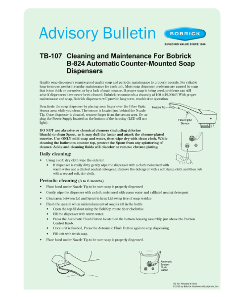Advisory Bulletin - TB-107 Cleaning and Maintenance For Bobrick B-824 Automatic Counter-Mounted Soap Dispensers