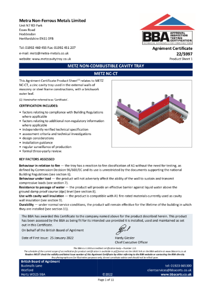 Metz Cavity tray. Jan 02. BBA Certificate