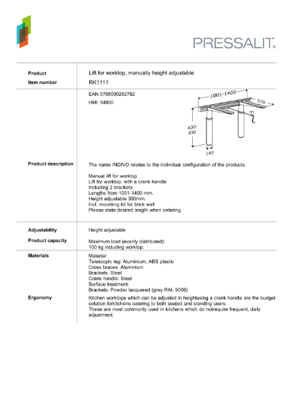 RK1111 - Lift for kitchen worktop, manually height adjustable – Product Data Sheet