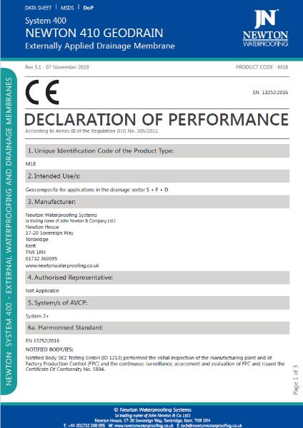 Newton HydroBond 410 GeoDrain Declaration of Performance