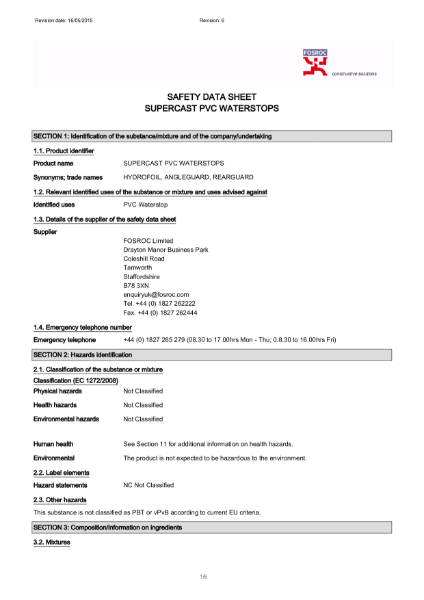 Fosroc PVC Waterstops Safety Data Sheet