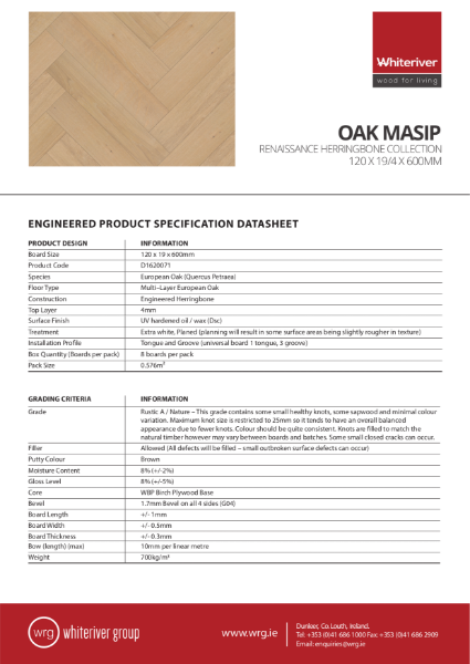 120 x 19 x 600mm Renaissance Oak Masip Herringbone Spec Sheet