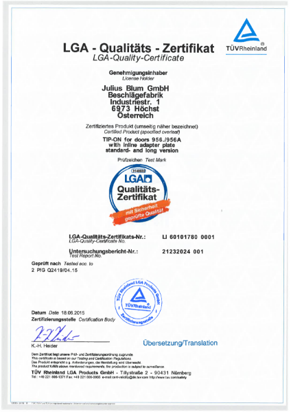 TIP-ON 956.956Axxxx LGA-Certificate