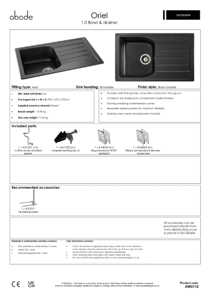 AW3112. Oriel, Granite Inset Sink (1.0 Bowl & Drainer). Black Granite - Consumer Specification