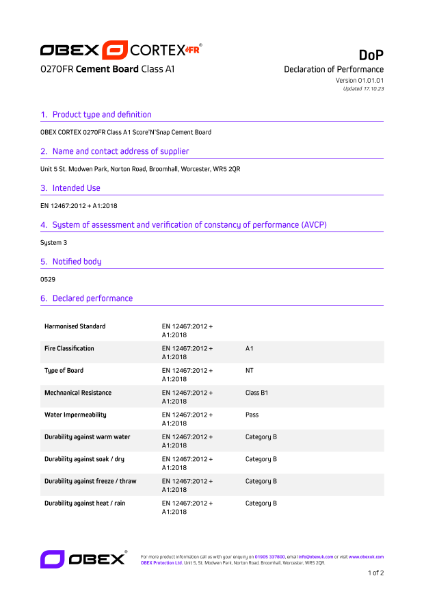 OBEX CORTEX 0270FR Class A1 Score’N’Snap Cement Sheathing Board - DoP