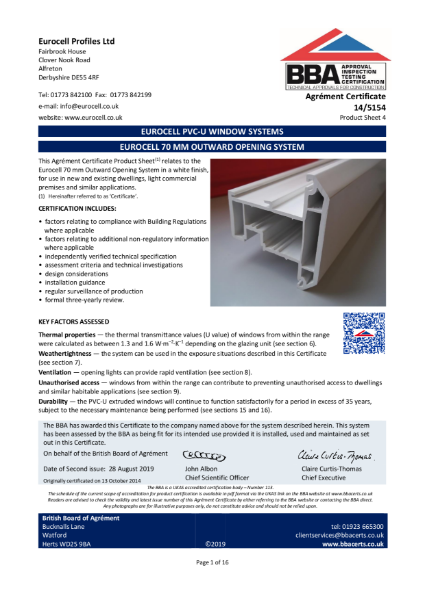 Eurocell 70mm PVC-U Window Profiles BBA Certificate 14/5154