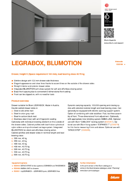 LEGRABOX BLUMOTION K Height Specification Text
