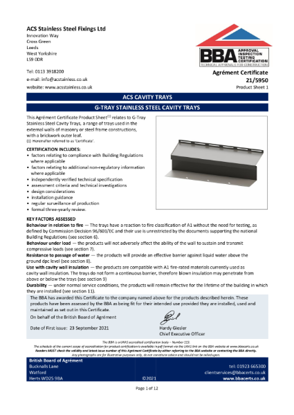 ACS G-Tray BBA | ACS Stainless Steel Fixings Ltd | NBS Source