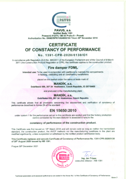 Certificate of constancy of performance