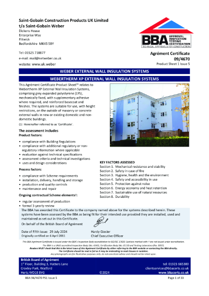 BBA Agrément Certificate (09/4670) Product Sheet 1 (webertherm XP with EPS insulation board)