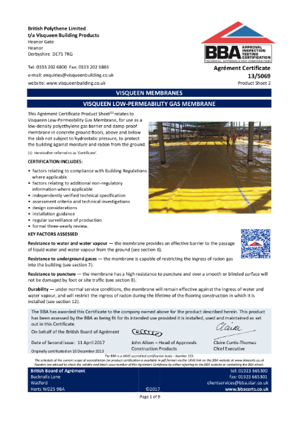 BBA Certificate Visqueen Low Permeability Gas Membrane