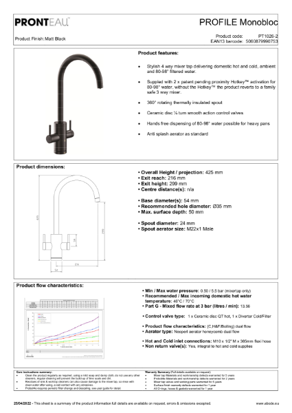 PT1026-2 Pronteau Profile Monobloc (Matt Black), 4 IN 1 Steaming Hot Water Tap - Consumer Spec