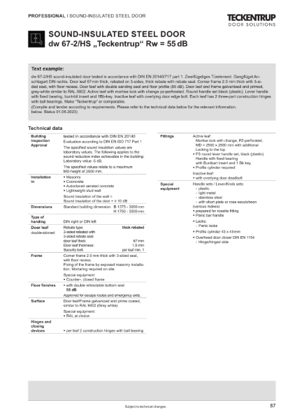 Sound Insulated Door dw67-2/HS (Rw 55 dB) (Technical Data)