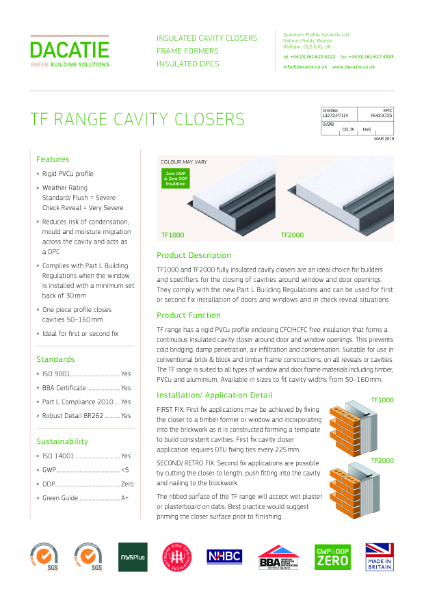 Dacatie TF1000 / TF2000  - cavity closers - 50 to 150mm cavities - Datasheet