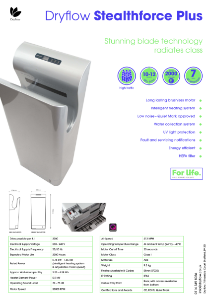 Hand Dryer Spec Sheet - Dryflow® Stealthforce® Plus HEPA Hand Dryer