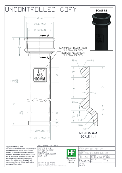 100mm (4") Plain LCC Soil Pipe Drawing