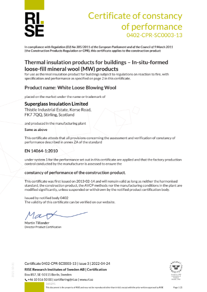 CE Certificate - Blown Glass Mineral Wool Insulation