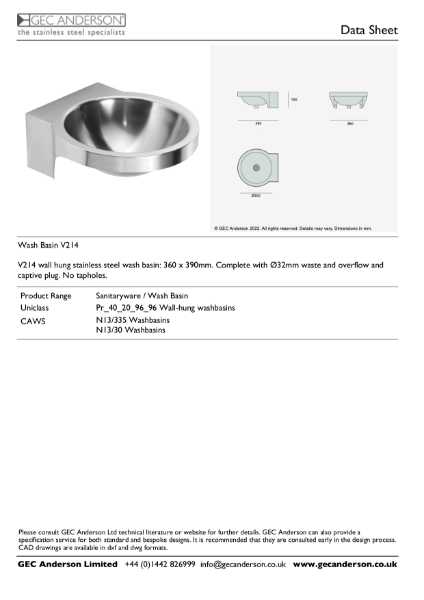 GEC Anderson Data Sheet - Wash Basin V214