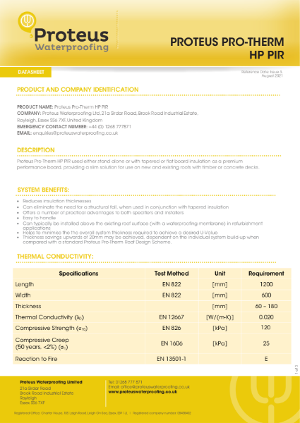 Product Data Sheet - Proteus Pro-Therm HP PIR