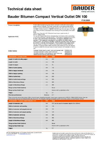 Bauder Bitumen Compact Vertical Outlet DN 100
