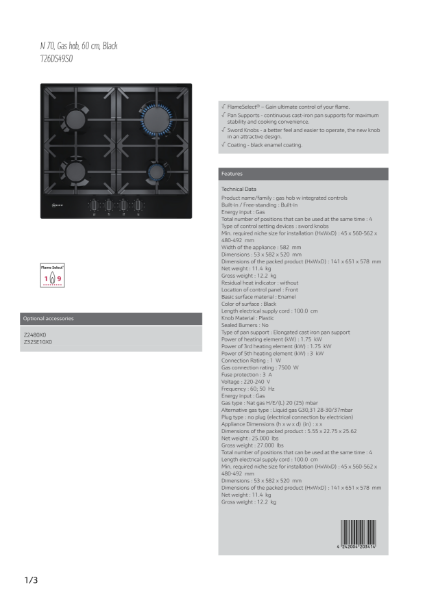 Black gas hobs T26DS49S0, Datasheet