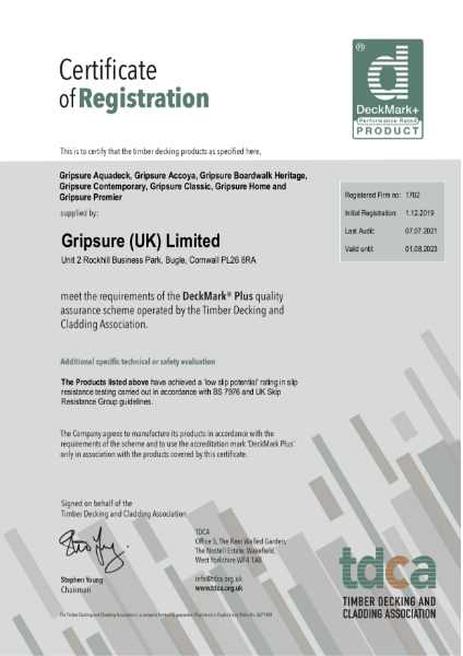 Gripsure DeckMark® Plus Certificate