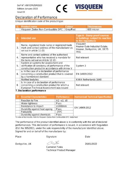 DPC CE Visqueen Zedex Non-Combustible DPC Declaration of Performance