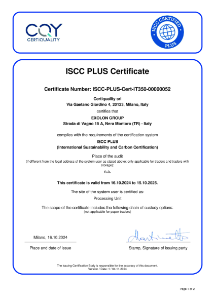 ISCC PLUS (International Sustainability and Carbon Certification) Certificate